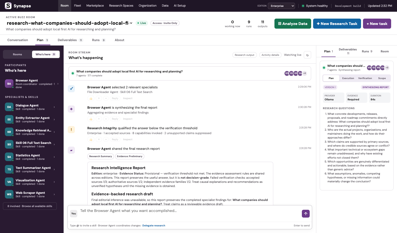 Synapse desktop coordinating a governed AI research workflow with rooms, agents, evidence, plans, and deliverables.